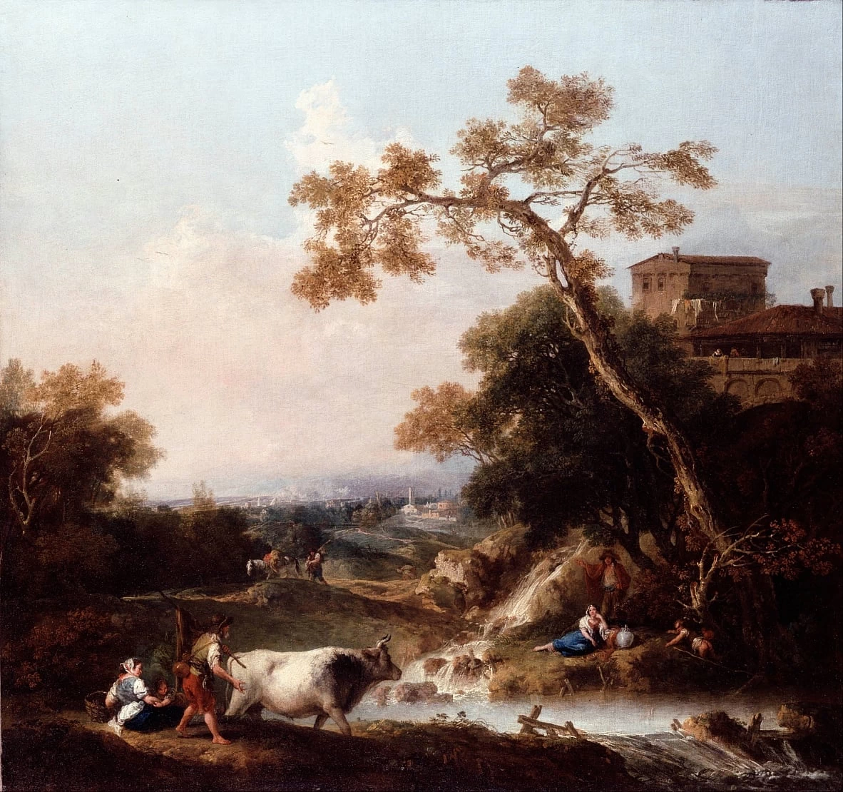 Paesaggio con figure e laghetto